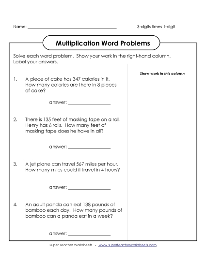 Multiplication - Multiplication Word Problems: 3-digit by 1 digit