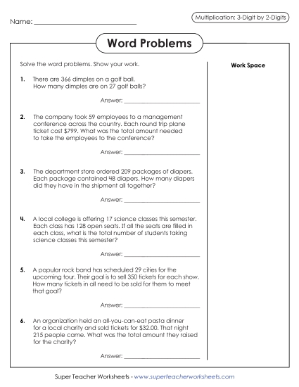 3-Digit Times 2-Digit Worksheets - Multiplication Word Problems: 3 digits by 2 digits