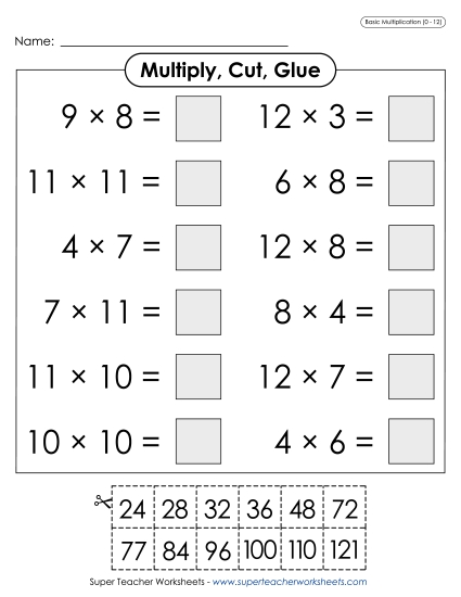 Worksheets, Games, & Task Cards - Multiply, Cut, Glue (0-12)
