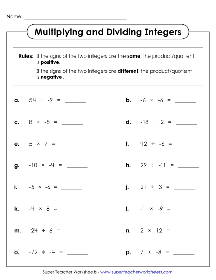 Multiplying & Dividing Integers - Multiplying & Dividing Integers with Rules (Printable PDF Worksheet)