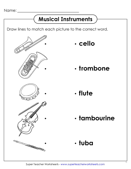 Worksheets - Musical Instruments Matching 1 (Printable PDF Worksheet)