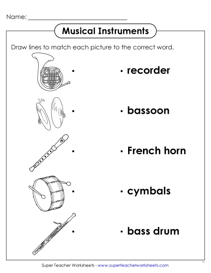 Worksheets - Musical Instruments Matching 3 (Printable PDF Worksheet) Worksheets - Musical Instruments Matching 3 (Printable PDF Worksheet)