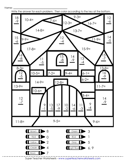 Fairy Tale Math Worksheets - Mystery Picture: Castle Basic Subtraction Fairy Tale Math Worksheets - Mystery Picture: Castle Basic Subtraction
