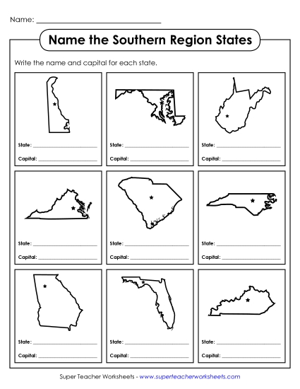 Name the States Worksheets - Name the States: Southern Region Name the States Worksheets - Name the States: Southern Region