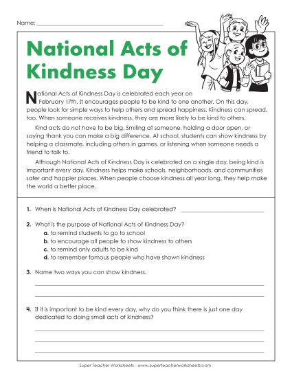 Kindness - National Acts of Kindness Day (Short Reading Comp) (Printable PDF Worksheet)