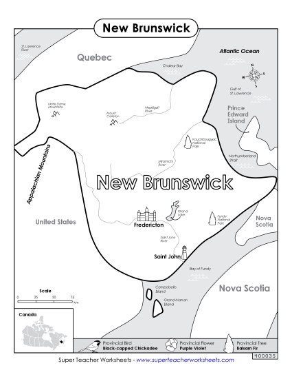 Maps - New Brunswick Map (Black & White)