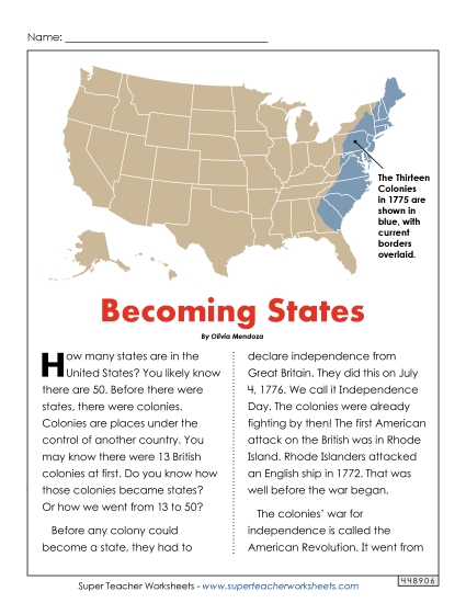 Reading Comprehension - Nonfiction Article: Becoming States Reading Comprehension - Nonfiction Article: Becoming States