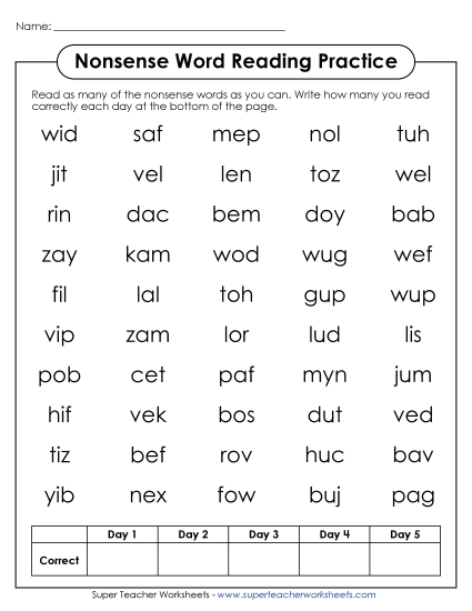 Worksheets - Nonsense Words Reading Practice