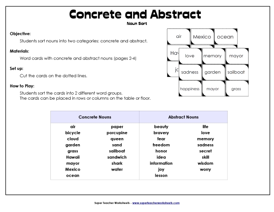 Abstract and Concrete Nouns - Noun Sort: Concrete and Abstract