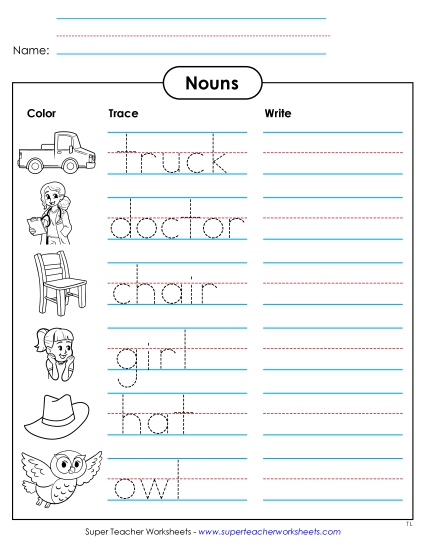 Basic Nouns - Nouns: Color, Trace, and Write Basic Nouns - Nouns: Color, Trace, and Write