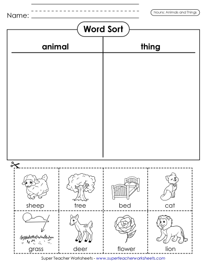 Basic Nouns - Nouns Cut & Sort (Animals & Things) 