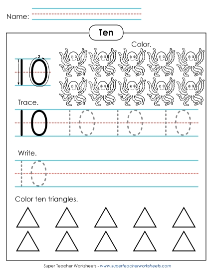 Number Ten - Number 10: Trace, Print, Color