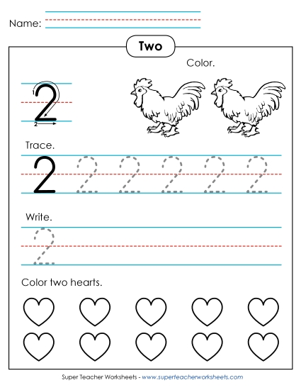 Number Two - Number 2: Trace, Print, Color Number Two - Number 2: Trace, Print, Color