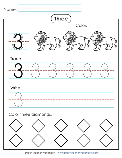 Number Three - Number 3: Trace, Print, Color