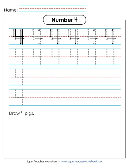 Number Four - Number 4: Trace and Print