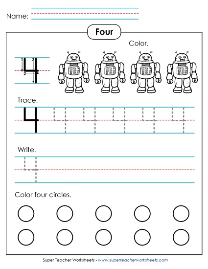 Number Four - Number 4: Trace, Print, Color