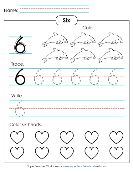 Number Six - Number 6: Trace, Print, Color