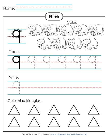 Number Nine - Number 9: Trace, Print, Color
