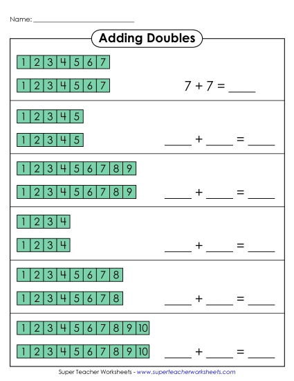 Graphical Concept Worksheets: Addition Doubles Facts - Number Blocks - Doubles Facts