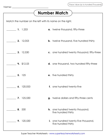 Place Value - Number Match Worksheet