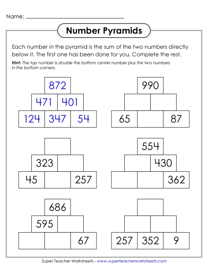 Addition (3-Digit Addends) - Number Pyramids (3-Digit, 3 Rows) (Printable PDF Worksheet)