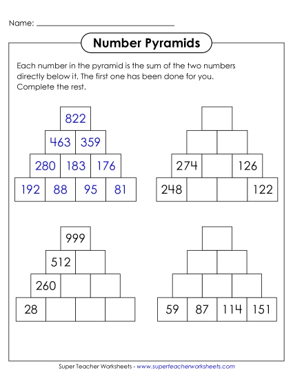 Addition (3-Digit Addends) - Number Pyramids: 3-Digit Numbers, 4 Rows (Printable PDF Worksheet)