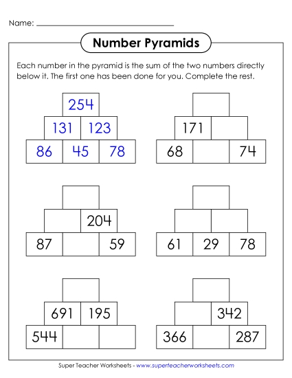 Addition (3-Digit Addends) - Number Pyramids: 3-Digit Numbers (Printable PDF Worksheet)