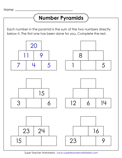 Missing Addends - Number Pyramids (3 Rows) (Printable PDF Worksheet)
