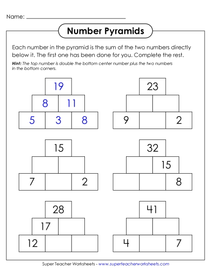 Missing Addends - Number Pyramids (3 Rows, Top Number Given) (Printable PDF Worksheet)