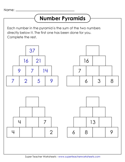 Missing Addends - Number Pyramids (4 Rows, Top Number Unknown) (Printable PDF Worksheet)