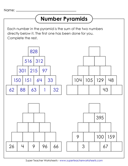 Addition (3-Digit Addends) - Number Pyramids: 5 Rows, Top Number Unknown (Printable PDF Worksheet)