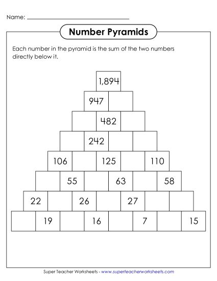 Addition (3-Digit Addends) - Number Pyramids: 8 Rows, 4-Digit Sums (Printable PDF Worksheet)