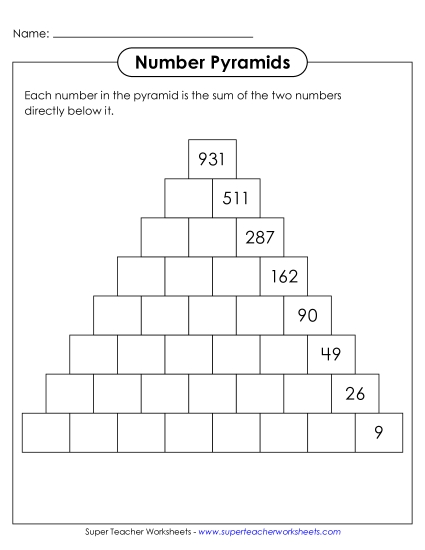 Addition (3-Digit Addends) - Number Pyramids: 8 Rows (Printable PDF Worksheet)