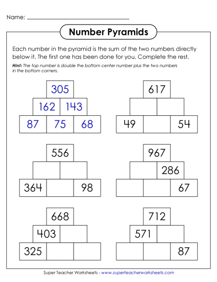 Addition (3-Digit Addends) - Number Pyramids: Top Number Given (Printable PDF Worksheet)