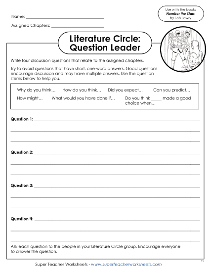 Literature Circle Worksheets - Number the Stars Literature Circle: Question Leader (Printable PDF Worksheet)