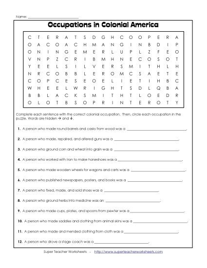 13 Colonies Word Search - Occupations Word Find