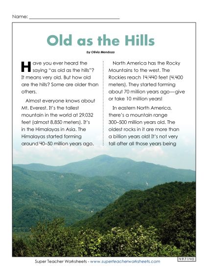 Reading Comprehension - Old as the Hills: West Virginia Mountains Reading Comprehension - Old as the Hills: West Virginia Mountains