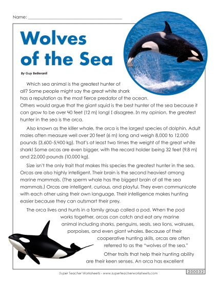 Reading Comprehension - Orcas: Wolves of the Sea (Non-Fiction) Reading Comprehension - Orcas: Wolves of the Sea (Non-Fiction)
