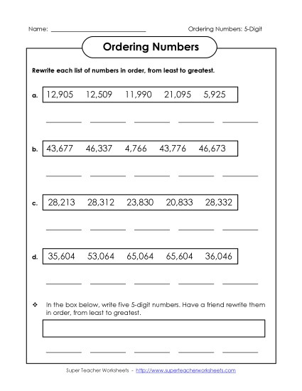 Ordering Numbers - Ordering: Least to Greatest (5-Digit)