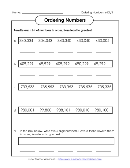 Ordering Numbers - Ordering Numbers: Least to Greatest (6-Digit)