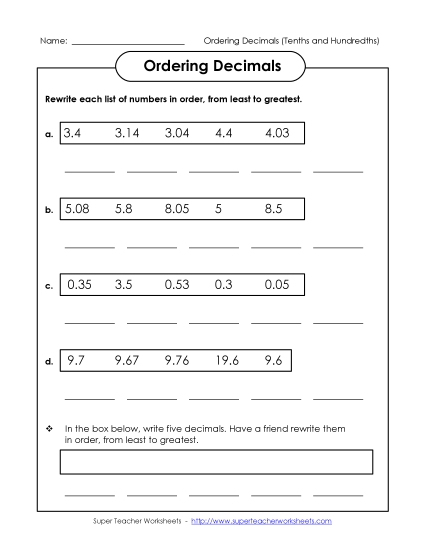 Ordering Decimals - Ordering Numbers: Least to Greatest (Tenths and Hundredths)