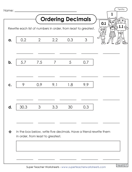 Ordering Decimals - Ordering Numbers (Tenths)