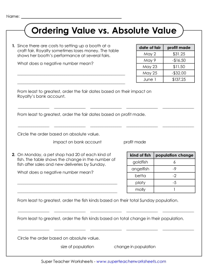 Absolute Value in Context - Ordering Value and Absolute Value Absolute Value in Context - Ordering Value and Absolute Value