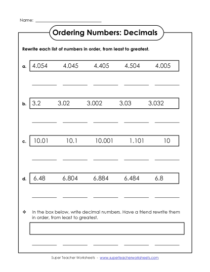 Ordering Decimals - Ordering Worksheet (Thousandths)