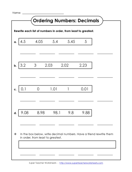Hundredths - Ordering Worksheet (Up to Hundredths)