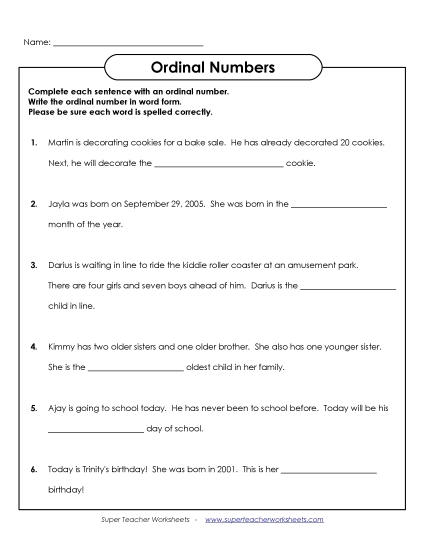 1st through 25th - Ordinal Sentences