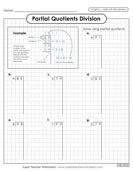 2-Digit Dividends - Partial Quotients (Graph Paper) 2-Digit by 1-Digit Division (including Remainders) 2-Digit Dividends - Partial Quotients (Graph Paper) 2-Digit by 1-Digit Division (including Remainders)