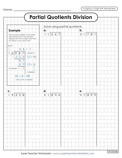 3-Digit Dividends - Partial Quotients (Graph Paper) 3-Digit by 2-Digit Division (including Remainders) 3-Digit Dividends - Partial Quotients (Graph Paper) 3-Digit by 2-Digit Division (including Remainders)