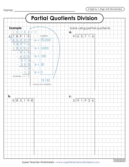 5-Digit Dividends - Partial Quotients (Graph Paper) 5-Digit by 1-Digit Division (including Remainders) 5-Digit Dividends - Partial Quotients (Graph Paper) 5-Digit by 1-Digit Division (including Remainders)