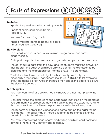 Key Terms - Parts of Expressions Bingo Key Terms - Parts of Expressions Bingo